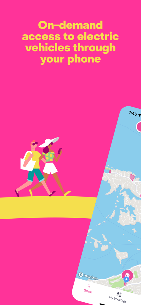 Current Bermuda - Current Bermuda 앱 인터페이스는 전기차 온디맨드 렌탈을 위한 지도를 보여주며, 삽화가 있는 여행 테마로 구성되어 있습니다.