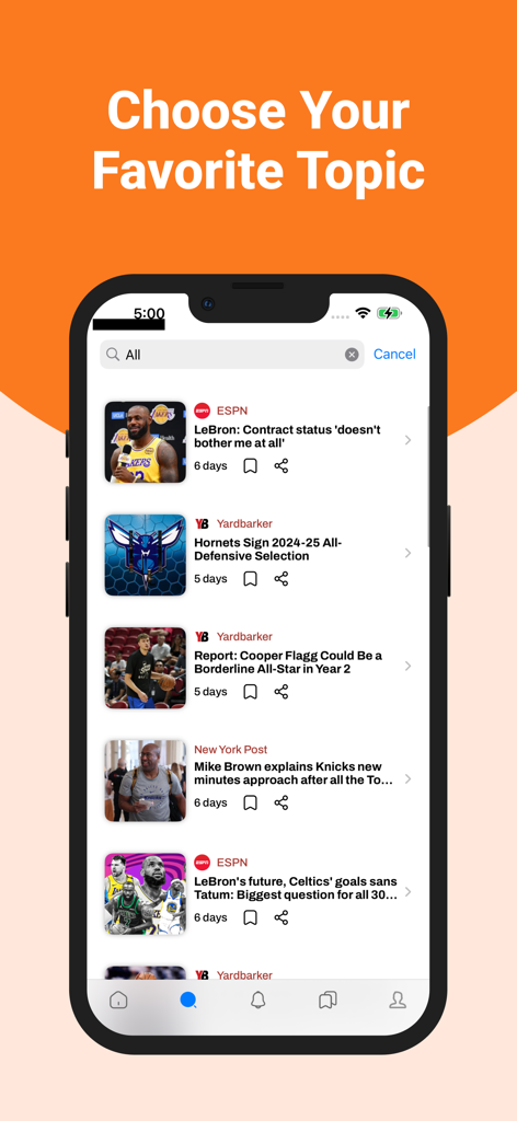 Basketball News & Scores - ESPN과 Yardbarker의 르브론 제임스와 NBA 팀에 대한 헤드라인이 포함된 개인화된 농구 뉴스 피드를 보여주는 모바일 스크린샷.