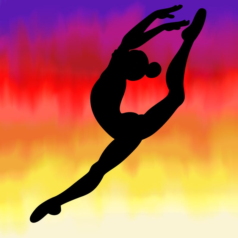 gymnast doing a leap in a leotard with a bent back leg