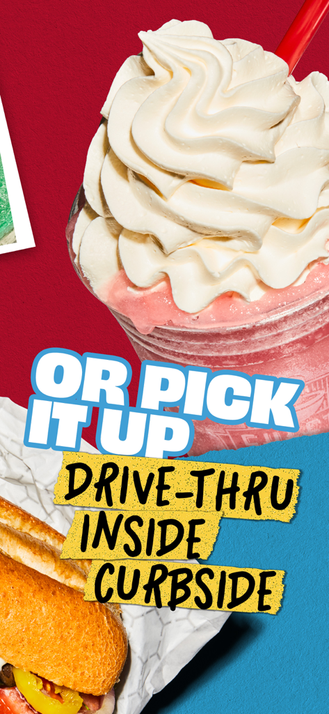 Promotional image for Sheetz app highlighting drive-thru, inside, and curbside pickup options with a pink milkshake and a sandwich.