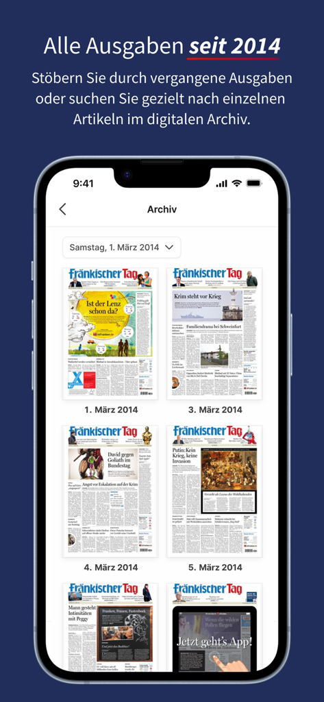 Fränkischer Tag E-Paper - Digital archive screen of the Fränkischer Tag E-Paper app displaying historical newspaper editions from 2014.