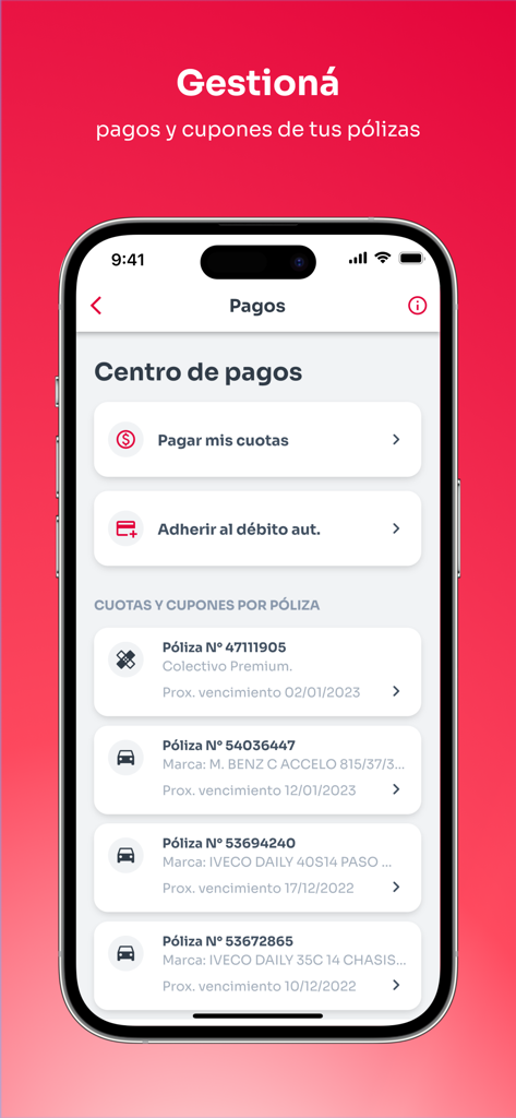 La Segunda Seguros - Interfaz del centro de pagos de la aplicación La Segunda Seguros que muestra las pólizas de seguro y las opciones de pago