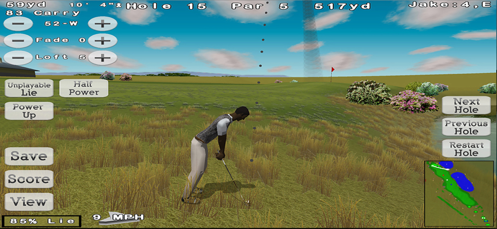 Nova Golf Lite - Gameplay screen of Nova Golf Lite featuring a golfer character preparing a shot from the rough on a 3D golf course.