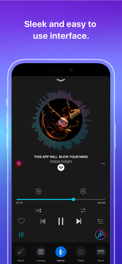 Sleek user interface of the Boom music player app with a circular audio visualizer and EQ presets.