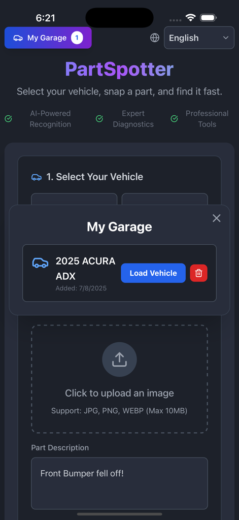 PartSpotter app interface showing the My Garage popup with a saved 2025 Acura ADX vehicle for part identification.