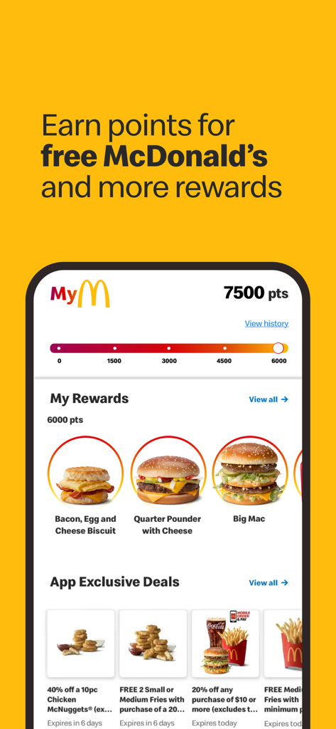 McDonalds app MyRewards screen showing points progress and exclusive food deals