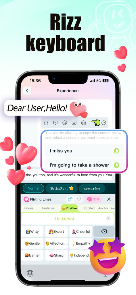 KeyFonts- Keyboard & Themes - Pantalla de la aplicación KeyFonts que muestra la interfaz del teclado Rizz con líneas de coqueteo sugeridas y personajes de chat