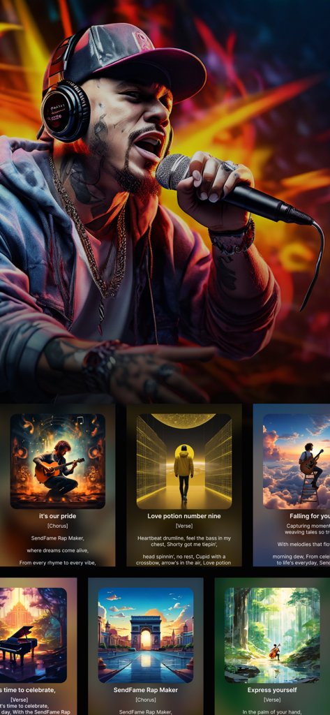 Interface de l'application mobile Générateur de Paroles de Rap par IA montrant un rappeur en pleine performance et plusieurs cartes de paroles de chansons avec des illustrations générées par IA.