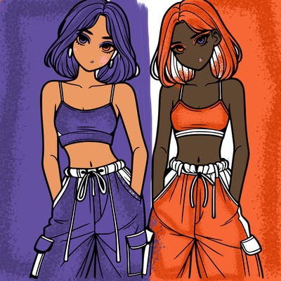 two girls with crop top with baggy pants