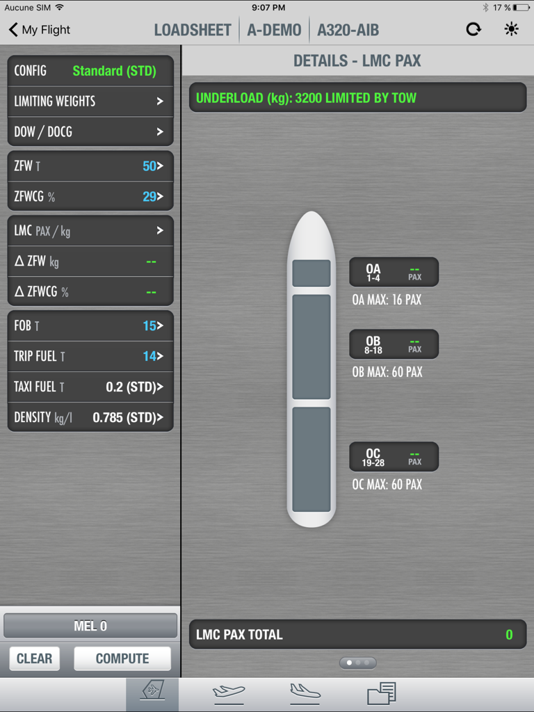 Flysmart+ Loadsheet - Interface of the Flysmart Loadsheet app showing last minute passenger changes and aircraft weight calculations