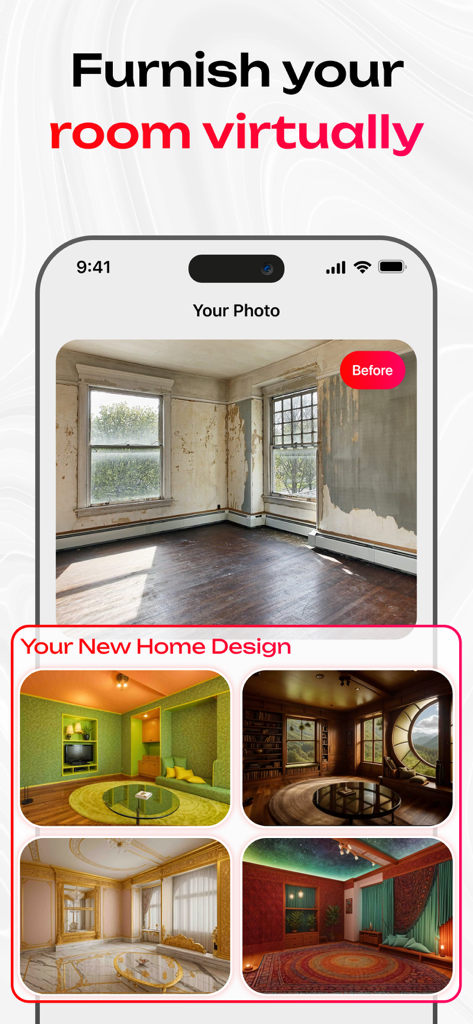 MY Home AI: Interior Design - Captura de pantalla de la aplicación MY Home AI que muestra una foto previa de una habitación vacía y cuatro resultados posteriores con diferentes estilos de diseño de interiores.