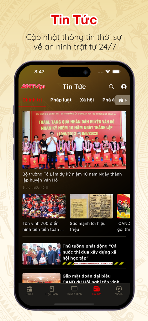 ANTV Go app news section featuring various news articles in Vietnamese