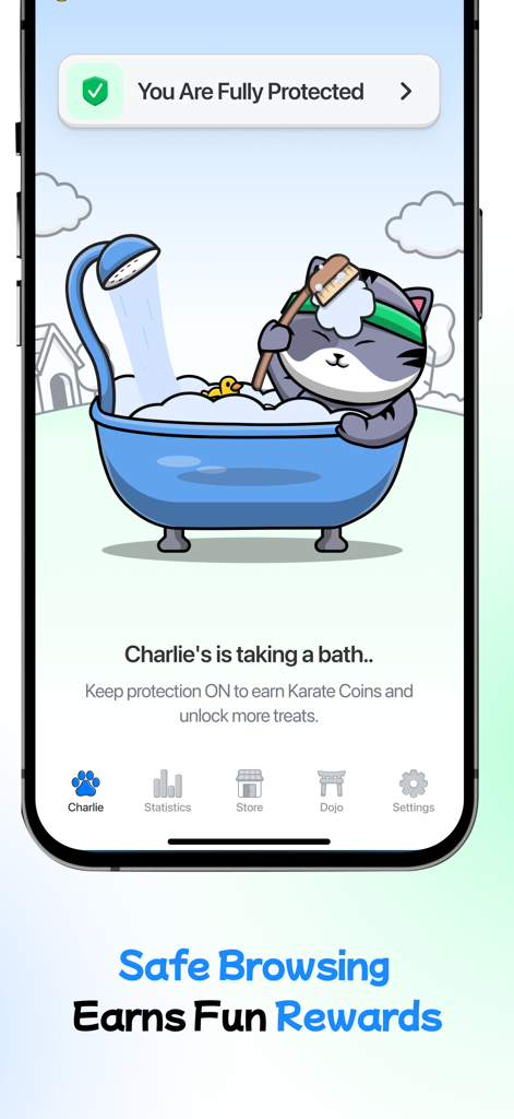 Mobile Shield app interface showing the Karate Cat mascot and safe browsing rewards.