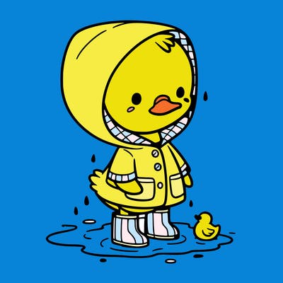 baby duck in a rain coat and boots, in a puddle while it’s raining