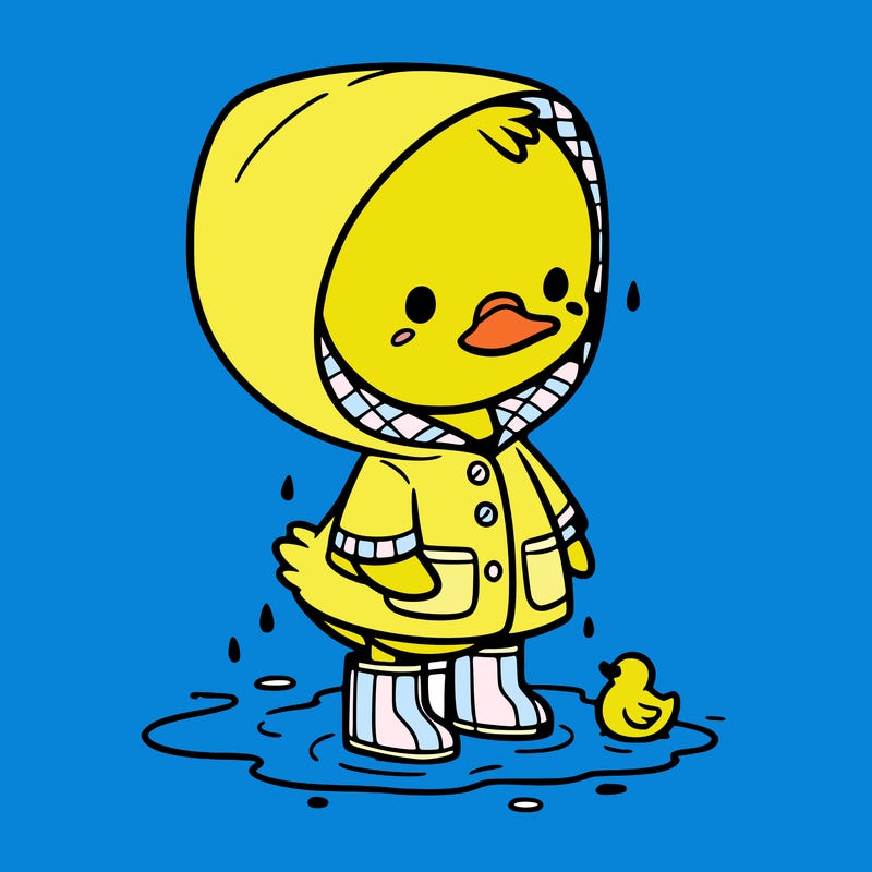 baby duck in a rain coat and boots, in a puddle while it’s raining
