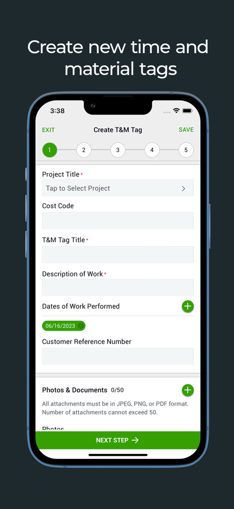 Mobile Ansicht zur Eingabe von Details für Aufmaßzettel für Zeit und Material auf der Baustelle