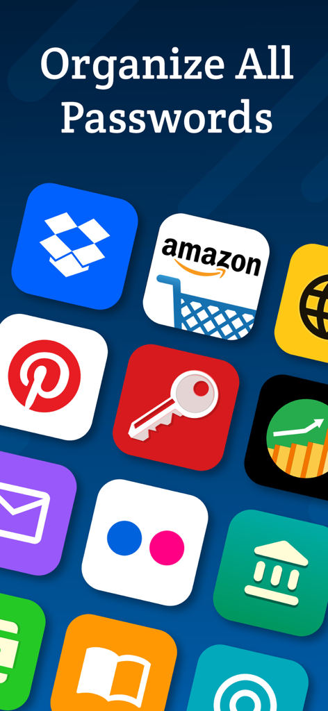 Password Manager - Secure - Schermata dell'app mobile che mostra varie icone come Amazon e Dropbox sotto il testo Organizza Tutte le Password