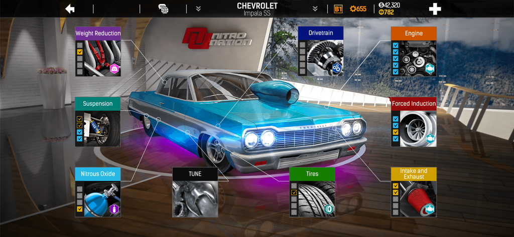 Nitro Nation: Drag Racing - Blue Chevrolet Impala SS in the Nitro Nation car upgrade and tuning menu