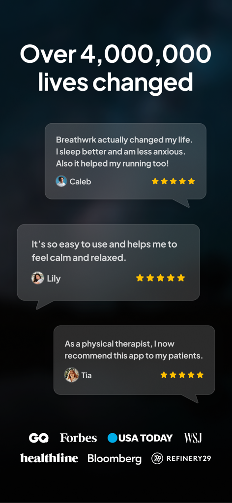Screenshot of Breathwrk app showing user testimonials and media logos from Forbes and WSJ mentioning over four million lives changed.