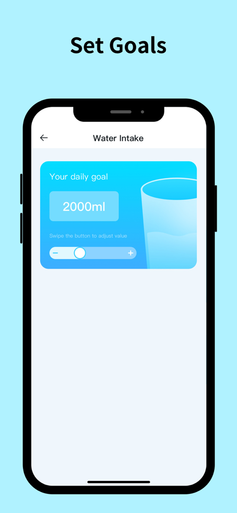 Water Reminder-Tracker - Tela de smartphone mostrando a interface para definir uma meta diária de ingestão de água no aplicativo Lembrete de Água-Tracker