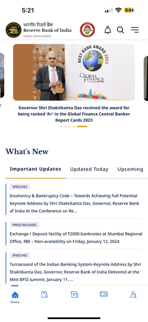 Reserve Bank of India - Pantalla de inicio de la aplicación móvil del Banco de la Reserva de la India que muestra actualizaciones y discursos oficiales