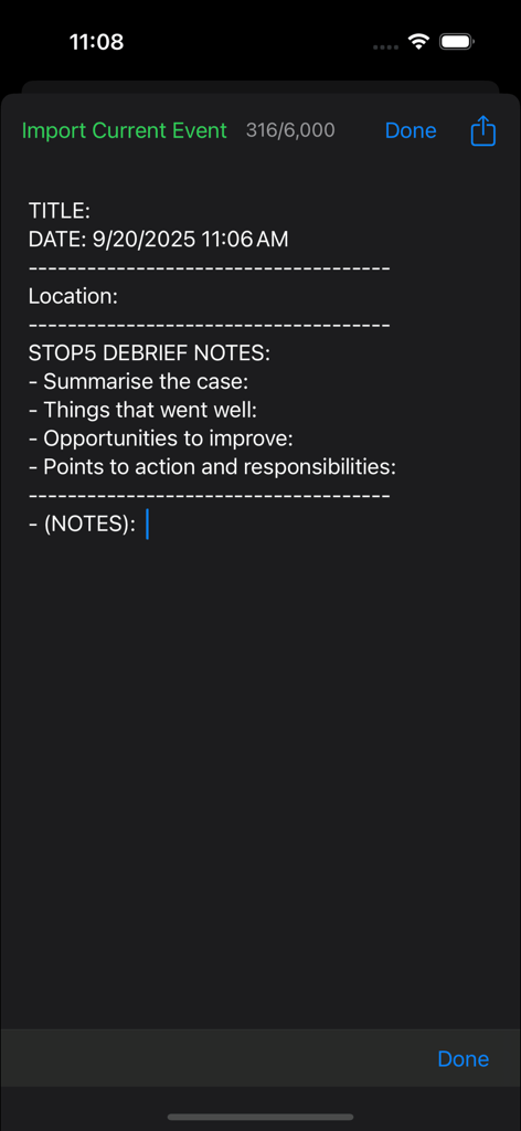 Code Timer Plus - A medical debrief notes interface in the Code Timer Plus app used for summarizing training simulation results.