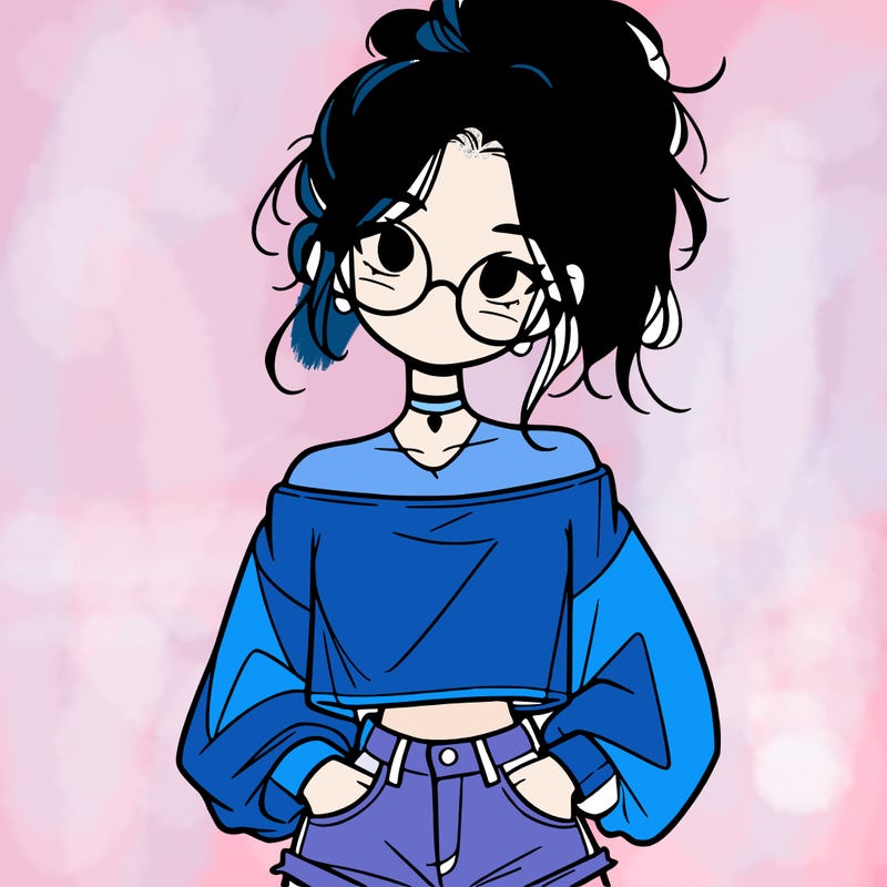 girl with a messy ponytail glasses a baggy crop top and jean shorts