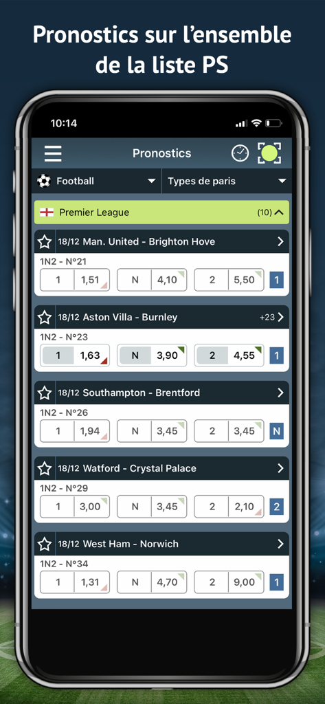 Capture d'écran de l'application mobile Pronosoft affichant les pronostics et les cotes des matchs de football de Premier League.