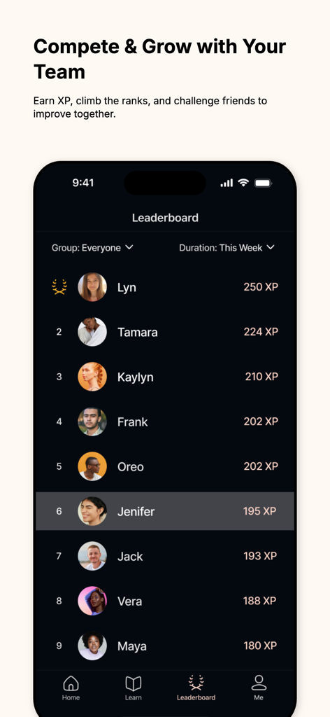 CoachCraft: AI Sales Trainer - A leaderboard screen in the CoachCraft app displaying user rankings and XP for sales training competition.