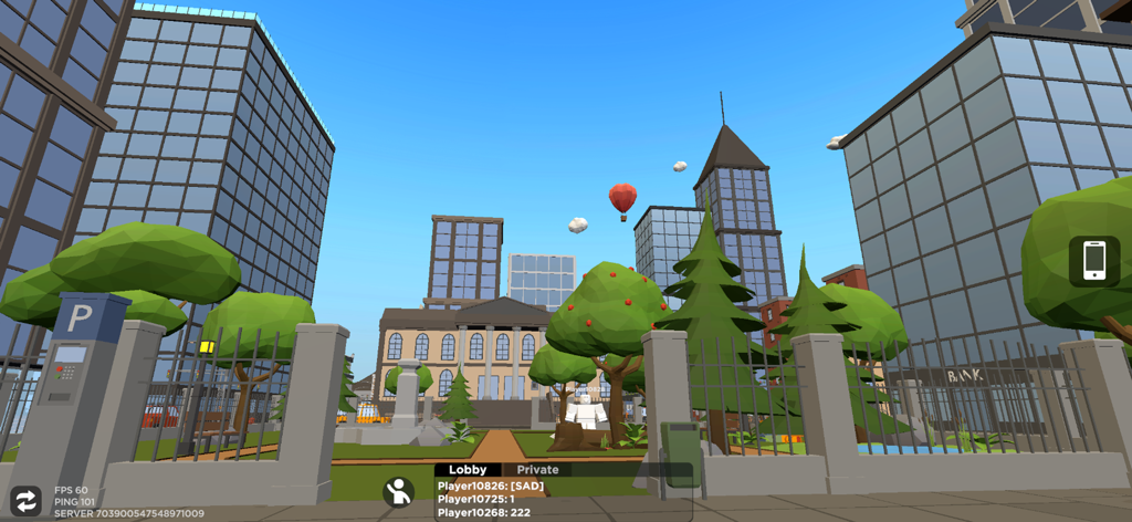 Blox World - Una vista amplia de una ciudad low poly en 3D en Blox World con rascacielos y un área de parque central