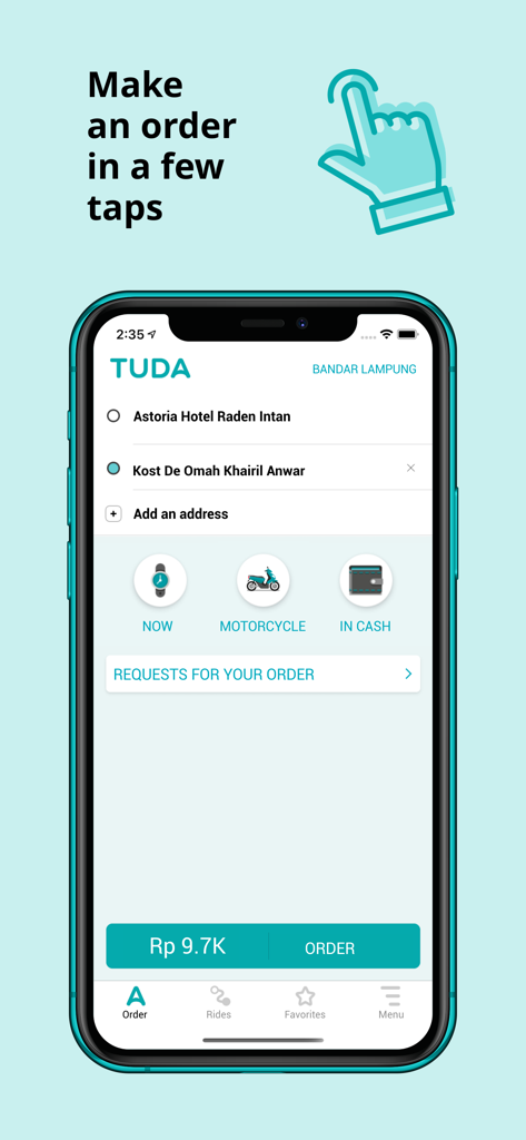 TUDA — rides and delivery - Interfaz de la aplicación de transporte TUDA mostrando un pedido de viaje con puntos de recogida y destino y el precio del billete