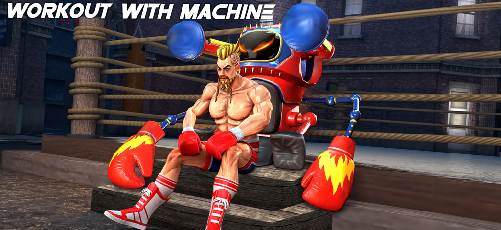 Boxing Games : KO Punch Fight - Un boxeador 3D musculoso sentado en un ring junto a un robot de entrenamiento rojo con el texto Workout with Machine.