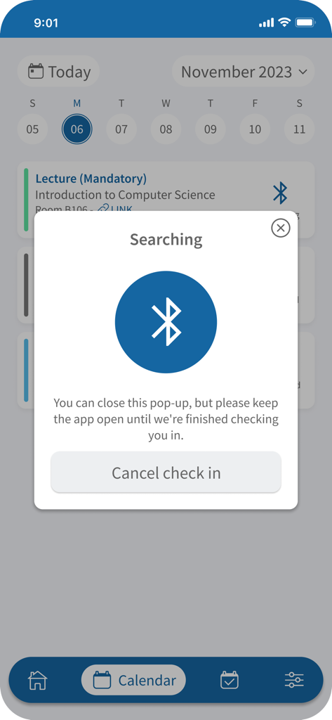 SEAtS Mobile app showing a Bluetooth searching pop-up for mandatory class attendance check-in