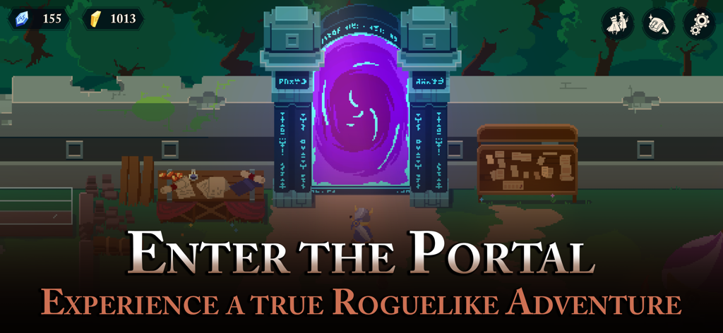 Un personnage en pixel art se tenant devant un grand portail magique violet dans le jeu Endless Wander.