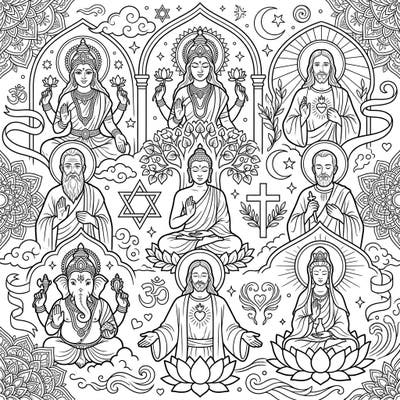 Embark on a mindful coloring journey with this unique page featuring a beautiful array of diverse religious and spiritual figures. From serene deities to sacred symbols, this design invites you to explore the rich tapestry of global faiths through art.