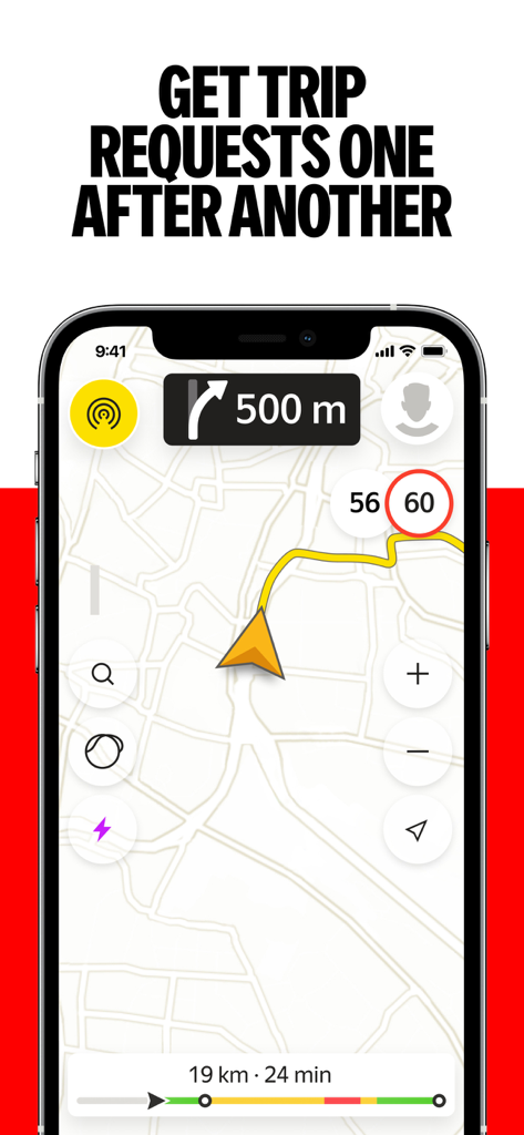 Yango Pro (Taximeter) - driver - Smartphone-Bildschirm, der die Yango Pro Fahrer-App mit einer Navigationskarte und der Funktion für aneinandergereihte Fahrtanfragen anzeigt
