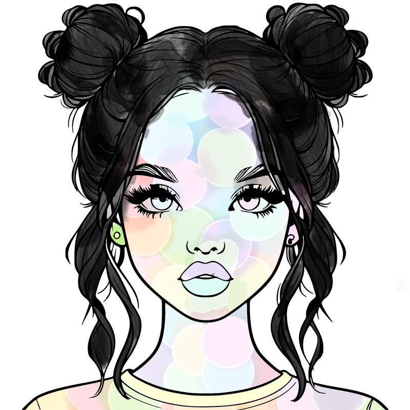 realistic girl with two buns in hair and lips