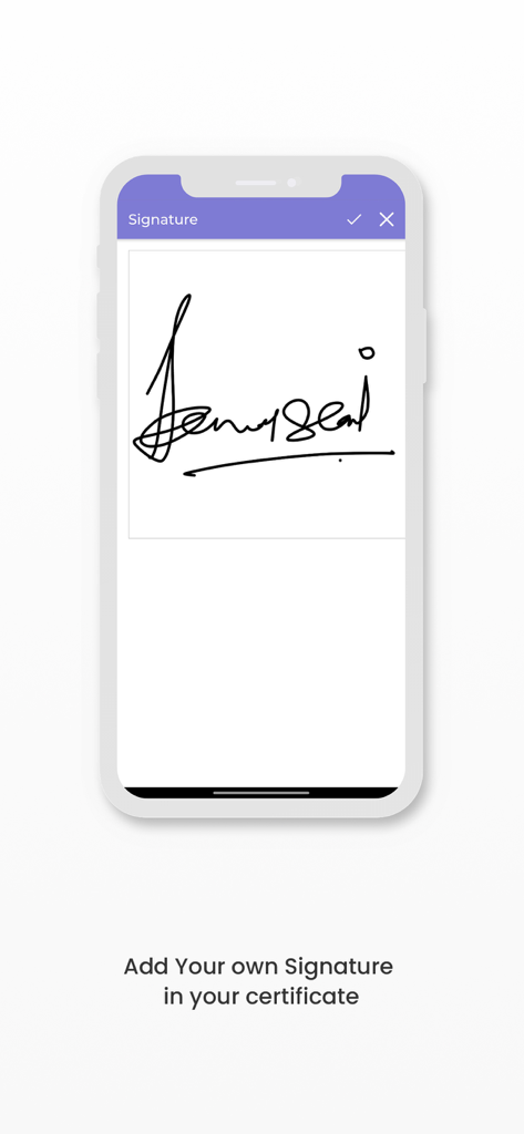 Certificate Maker:Creator - Interfaz de la aplicación móvil mostrando una firma manuscrita que se añade a un certificado profesional.