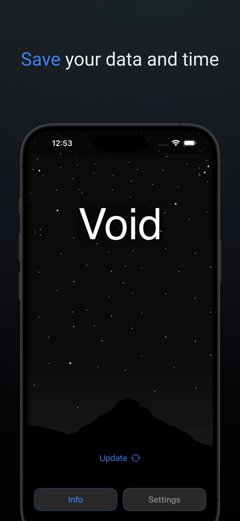 Ad Blocker for Safari - Void - Interfaz de la aplicación Void Ad Blocker en un iPhone mostrando el titular Ahorra tus datos y tiempo con un fondo estrellado minimalista