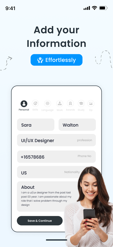 CV Maker & Resume Builder PDF - 履歴書作成アプリの氏名や職業などの個人情報を入力するためのモバイルインターフェース。