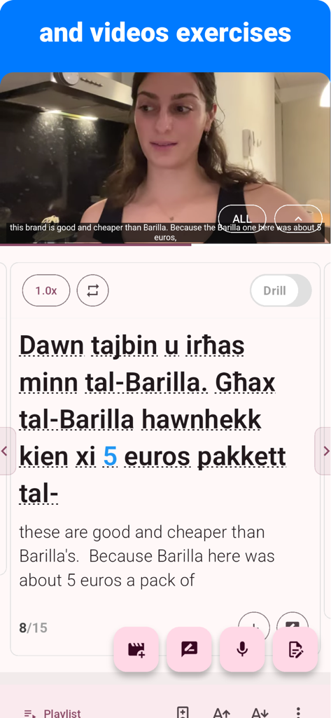 Lección en vídeo en la aplicación de aprendizaje de idiomas malteses con un hablante nativo y subtítulos duales.