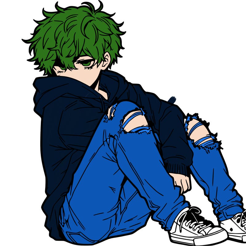 a male hoddie ripped jeans messy hair anime