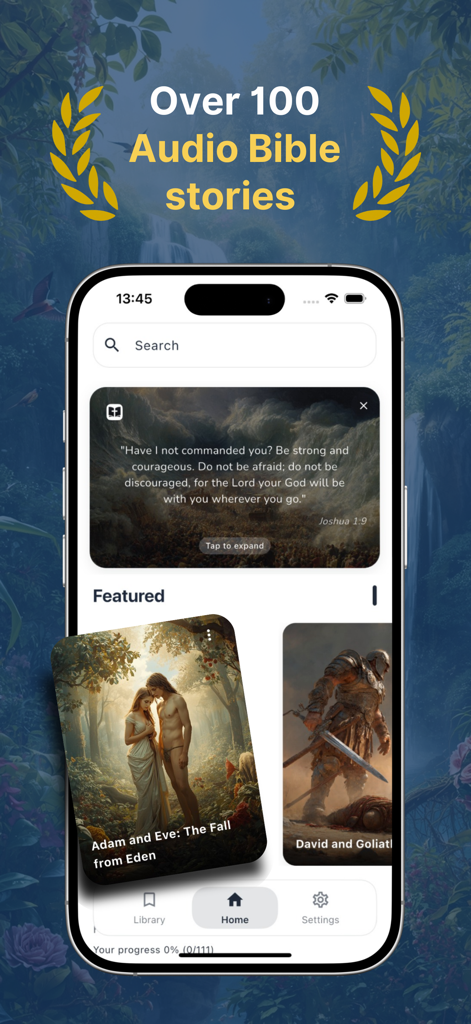 Audio Bible Stories & Chat - BibleNow app home screen featuring a collection of audio Bible stories and a daily inspirational verse.