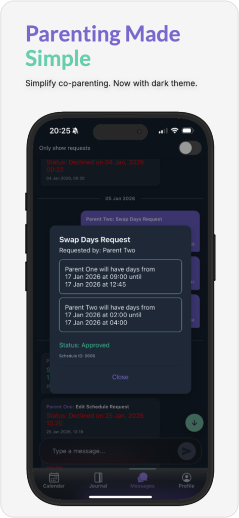 CoPals - Captura de pantalla de la interfaz de la aplicación CoPals que muestra una notificación de solicitud de días de intercambio en modo oscuro