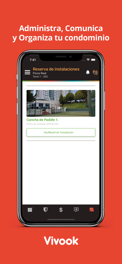 Vivook app screen showing facility reservation for a paddle court in a residential community