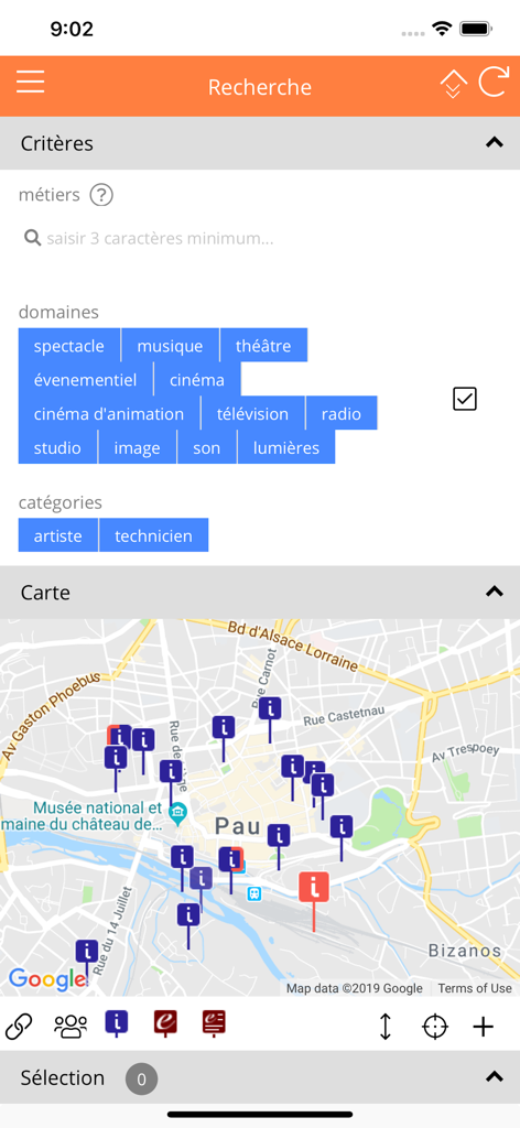 Search interface of Intermittent Plus app with professional filters and a map display