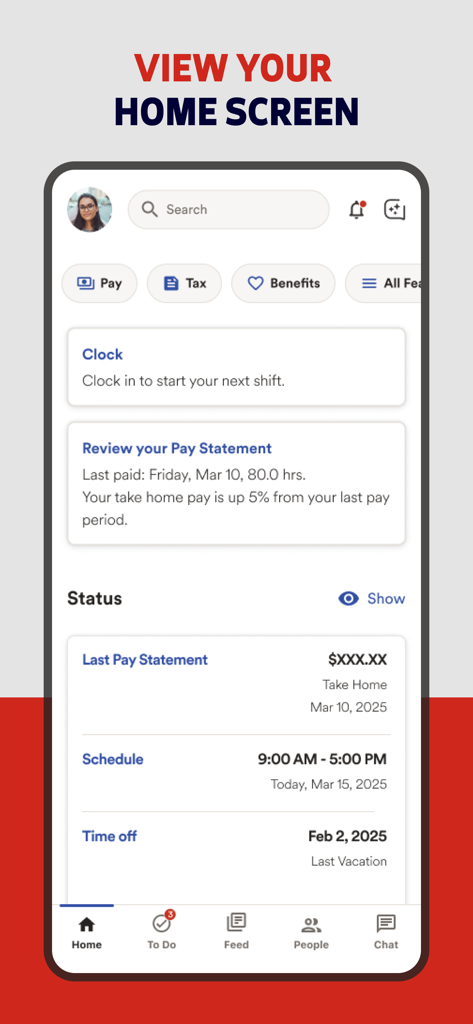 ADP Mobile Solutions app home screen showing payroll information, work schedule, and employee self-service features
