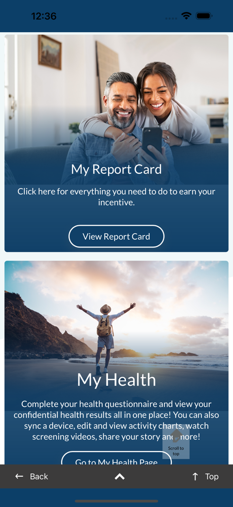 CircleWellness - CircleWellness app dashboard displaying sections for health report cards and employee wellness tracking.