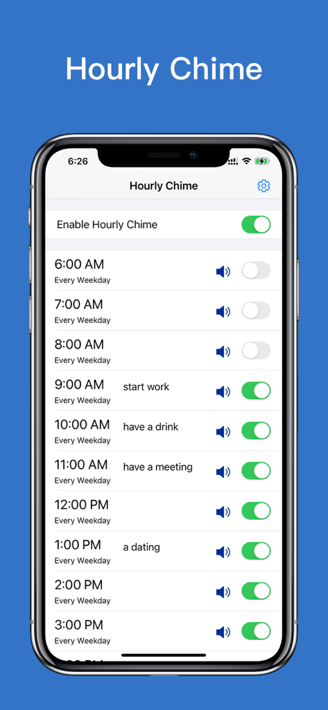 Interface do aplicativo Hourly Chime mostrando uma lista de lembretes horários agendados com rótulos personalizados