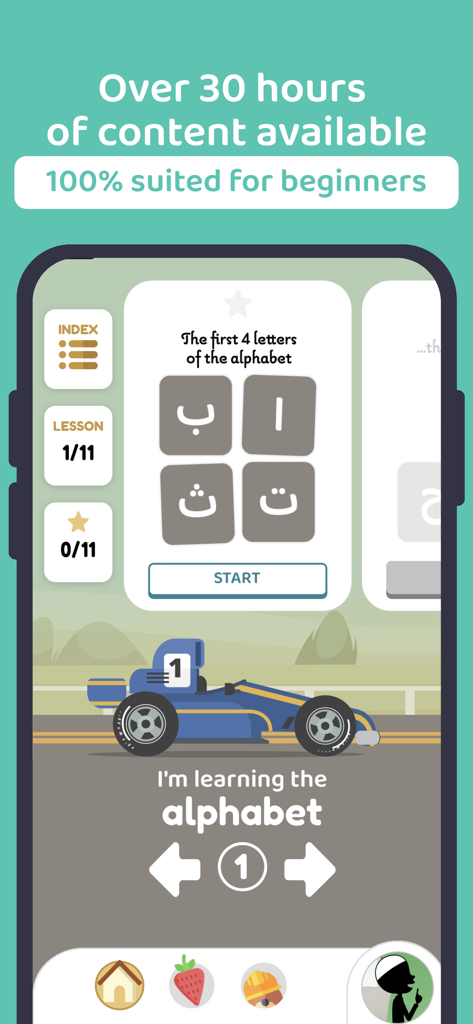 Awlad - Learn arabic - Interface of the Awlad app showing an Arabic alphabet lesson for children with a race car theme.